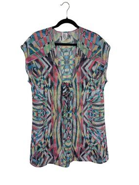 Becca By Rebecca Virtue Multicolor Sheer Tunic Cover-Up Tie Front Womens M-L